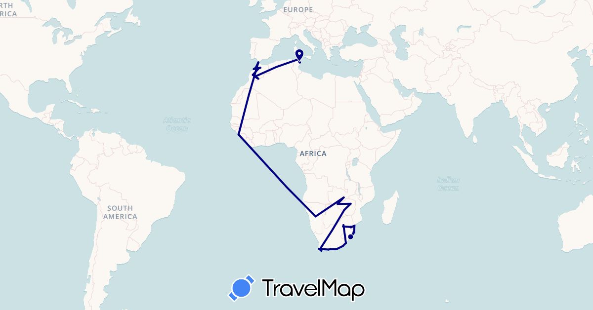 TravelMap itinerary: driving in Guinea, Morocco, Mozambique, Namibia, Swaziland, Tunisia, South Africa, Zambia, Zimbabwe (Africa)